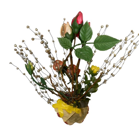 VTG‎ Floral Arrangement Roses Pearl Beads Decorative Bouquet Display Handcrafted - Picture 8 of 10